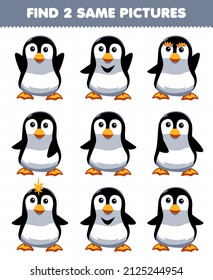 Education game for children find two same pictures cute penguin