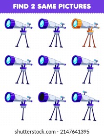 Juego de educación para los niños encuentra dos mismas imágenes lindo telescopio de caricatura del sistema solar