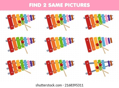 Education Game For Children Find Two Same Pictures Cartoon Music Instrument Xylophone Printable Worksheet