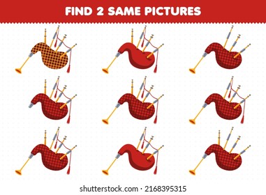 Education game for children find two same pictures cartoon music instrument bagpipes printable worksheet