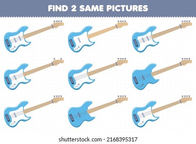 Education game for children find two same pictures cartoon music instrument bass printable worksheet