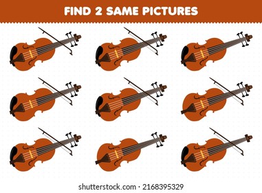 Education game for children find two same pictures cartoon music instrument violin printable worksheet