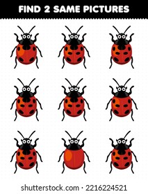 Education game for children find two same pictures of cute cartoon ladybug printable bug worksheet