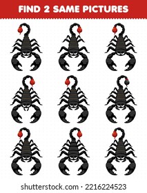 Education game for children find two same pictures of cute cartoon black scorpion printable bug worksheet