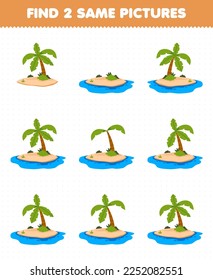 Education game for children find two same pictures of cute cartoon island printable nature worksheet