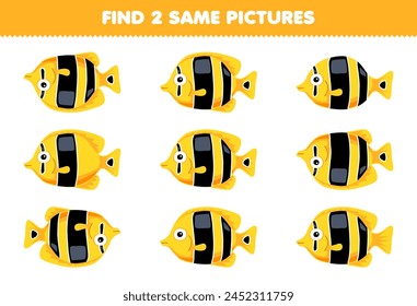 Education game for children find two same pictures of cute yellow fish printable pet worksheet