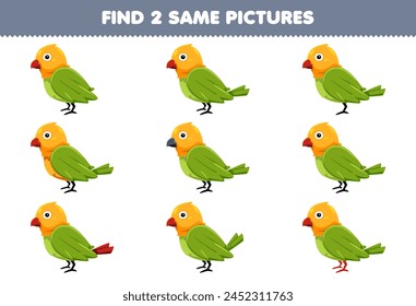 Education game for children find two same pictures of cute green bird printable pet worksheet