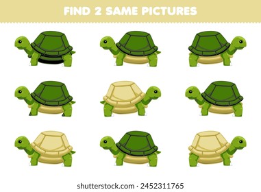 Education game for children find two same pictures of cute turtle printable pet worksheet