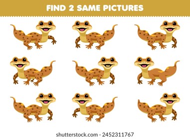 Education game for children find two same pictures of cute gecko printable pet worksheet