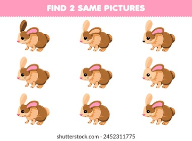 Education game for children find two same pictures of cute rabbit printable pet worksheet