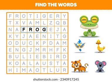 Education game for children find the words for cute cartoon frog bird duck tiger koala printable animal worksheet