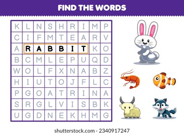 Education game for children find the words for cute cartoon rabbit shrimp fish goat wolf printable animal worksheet
