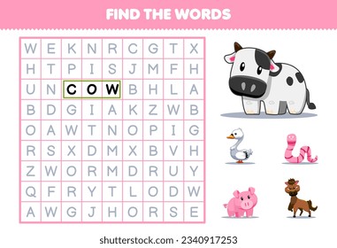 Education game for children find the words for cute cartoon cow swan worm pig horse printable animal worksheet