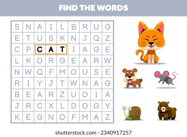 Education game for children find the words for cute cartoon cat dog mouse snail bear printable animal worksheet