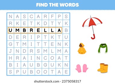 Education game for children find the words for cute cartoon scarf umbrella mitten raincoat and boot printable wearable clothes worksheet