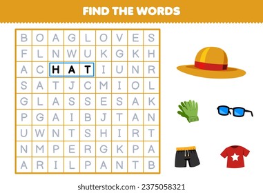 Education game for children find the words for cute cartoon gloves hat glasses t shirt and pant printable wearable clothes worksheet