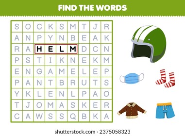 Education game for children find the words for cute cartoon socks helm jacket pant and masker printable wearable clothes worksheet