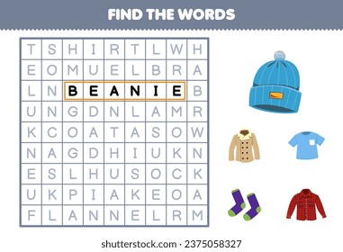 Education game for children find the words for cute cartoon t shirt beanie hat coat sock and flannel printable wearable clothes worksheet