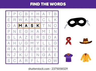 Education game for children find the words for cute cartoon hat mask blazer jersey and scarf printable wearable clothes worksheet