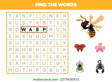 Education game for children find the words for cute cartoon flower wasp butterfly beetle and moth printable bug worksheet