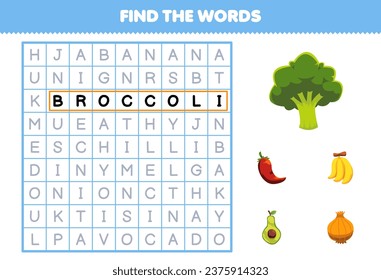 Education game for children find the words for cute cartoon broccoli banana chilli onion and avocado printable fruit and vegetable worksheet