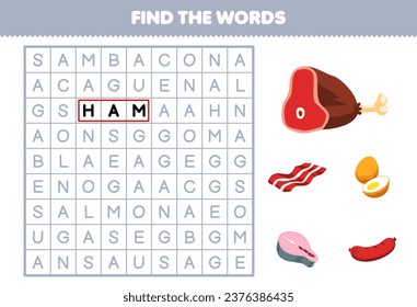Education game for children find the words for cute cartoon ham bacon egg salmon and sausage printable food worksheet