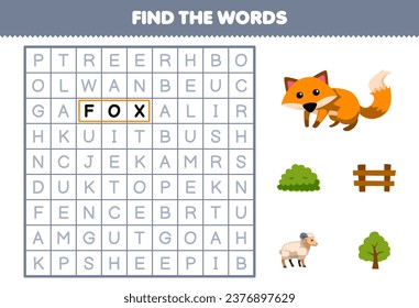 Education game for children find the words for cute cartoon fox tree bush fence and sheep printable farm worksheet