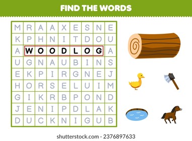 Education game for children find the words for cute cartoon wood log axe horse pond and duck printable farm worksheet