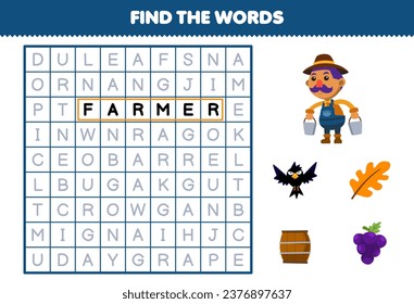 Education game for children find the words for cute cartoon farmer leaf barrel crow and grape printable farm worksheet