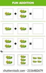 Education game for children fun addition by cut and match cute cartoon animal iguana pictures worksheet