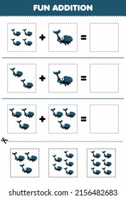 Education game for children fun addition by cut and match cute cartoon animal beetle pictures worksheet