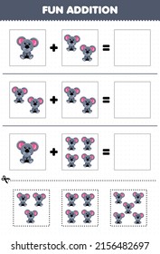 Education game for children fun addition by cut and match cute cartoon animal koala pictures worksheet