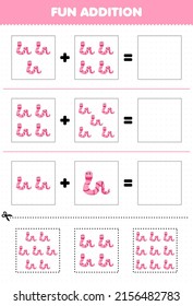 Education game for children fun addition by cut and match cute cartoon animal worm pictures worksheet