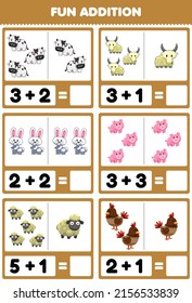 Education game for children fun addition by counting and sum cute cartoon farm animal cow goat rabbit pig sheep chicken pictures worksheet