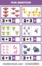Education game for children fun addition by counting and sum cute cartoon animal crab duck frog mosquito worm rhino pictures worksheet