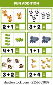 Education game for children fun addition by counting and sum cute cartoon jungle animal fox panda iguana elephant monkey cheetah pictures worksheet