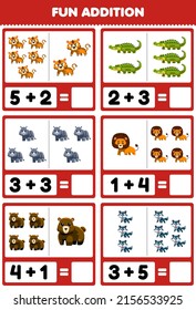 Education game for children fun addition by counting and sum cute cartoon wild animal tiger crocodile rhino lion bear wolf pictures worksheet