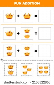 Education game for children fun addition by cut and match cute cartoon wearable clothes jewelry crown pictures worksheet