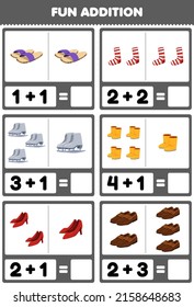 Education Game For Children Fun Addition By Counting And Sum Cartoon Wearable Clothes Slipper Socks Ice Skater Boot Heel Shoes Pictures Worksheet