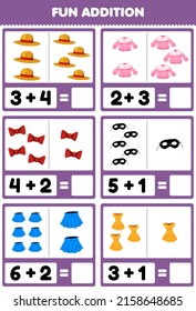 Education game for children fun addition by counting and sum cartoon wearable clothes hat blouse ribbon mask skirt dress pictures worksheet