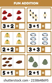 Education game for children fun addition by counting and sum cartoon wearable clothes fedora hat watch cardigan goggles shoes jacket pictures worksheet