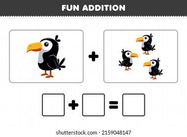 Juego de educación para los niños diversión adición contando la tierna caricatura de dibujos animados de animales toucan la hoja de cálculo