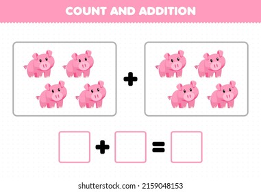 Education game for children fun addition by counting cute cartoon animal pig pictures worksheet