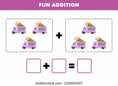 Education game for children fun addition by counting cartoon transportation ice cream truck pictures worksheet