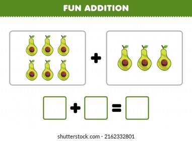 Erziehungsspiel für Kinder Spaß Ergänzung durch Zählen von Cartoons Avocado-Bilder-Arbeitsblatt