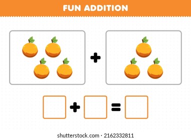 Juego de educación para niños diversión adición contando la hoja de cálculo de dibujos animados de frutas naranja