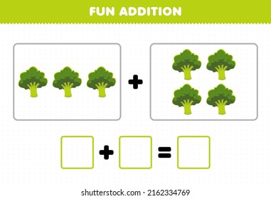 Education game for children fun addition by counting cartoon vegetable broccoli pictures worksheet