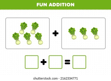 Education game for children fun addition by counting cartoon vegetable lettuce pictures worksheet