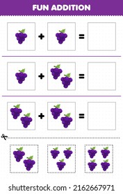 Education game for children fun addition by cut and match cartoon fruit grape pictures worksheet