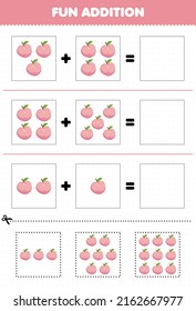 Education game for children fun addition by cut and match cartoon fruit peach pictures worksheet